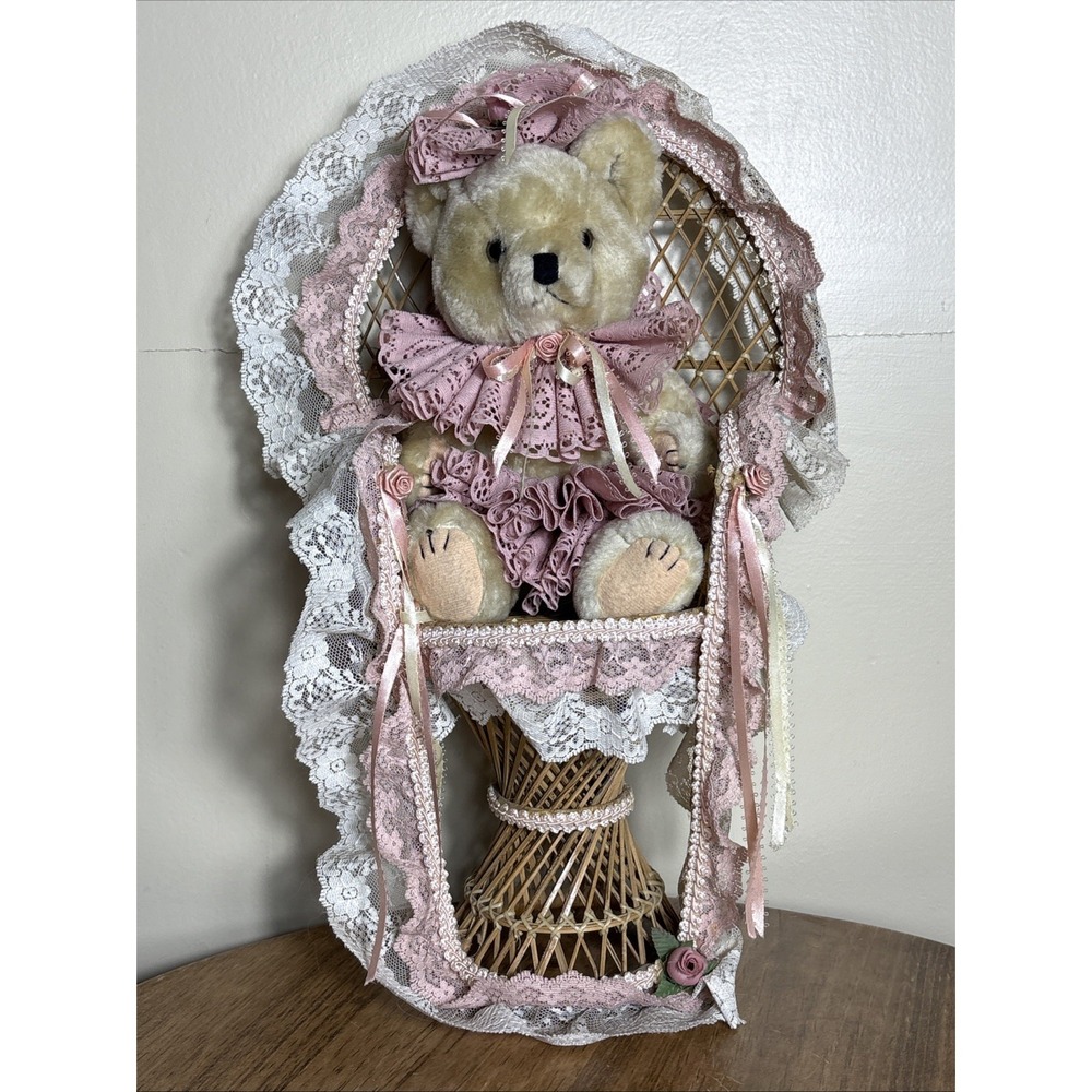 16" Tall Pink Wicker Victorian Teddy Bear Doll on Chair Vintage Lace